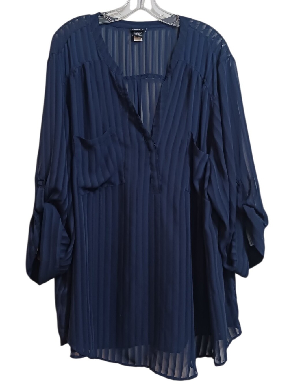 Torrid sz 5 navy sheer blouse top button tab sleeve business office professional
